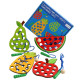 Детски Монтесори комплект от 4 бр. дървени плодове с отвори и шнур за нанизване