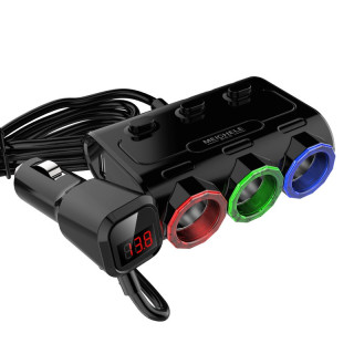 Троен разклонител запалка за кола с волтметър и 2бр. USB