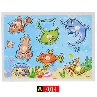 Детски дървен пъзел с дръжки за опознаване на морските обитатели