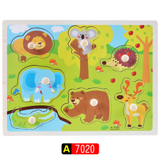 Детски дървен пъзел с дръжки за деца над 12 м., развиващ моториката