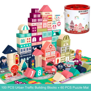 Дървен конструктор с пъзел , цветни блокчета с цифри "Построй си град"