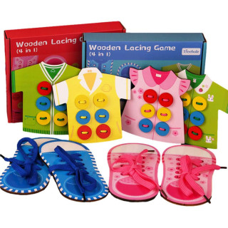 Дървена образователна играчка за връзване на връзки 4 в 1