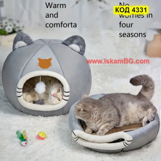 Кръгло плюшено легло къща за котка