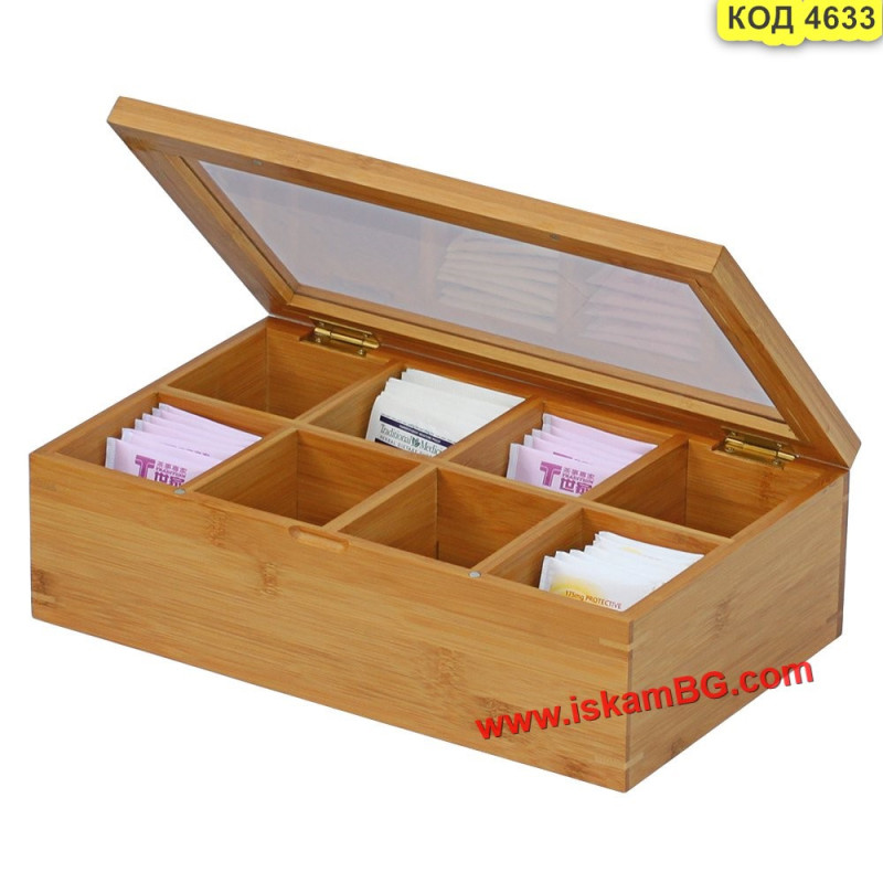Бамбукова кутия за чай с 8 отделения и стъклен капак