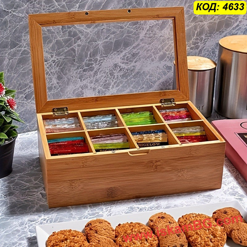Бамбукова кутия за чай с 8 отделения и стъклен капак