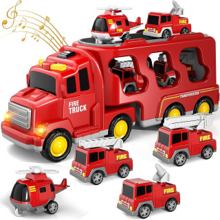 Камион Автовоз Пожарна | Комплект с колички и хеликоптер | Играчка