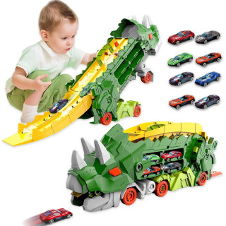 Камион Динозавър Автовоз | Зелен Трицератопс с колички