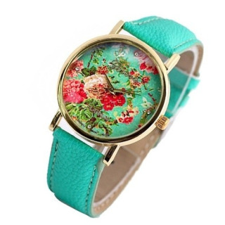 Дамски часовник с цветя - Зелен
